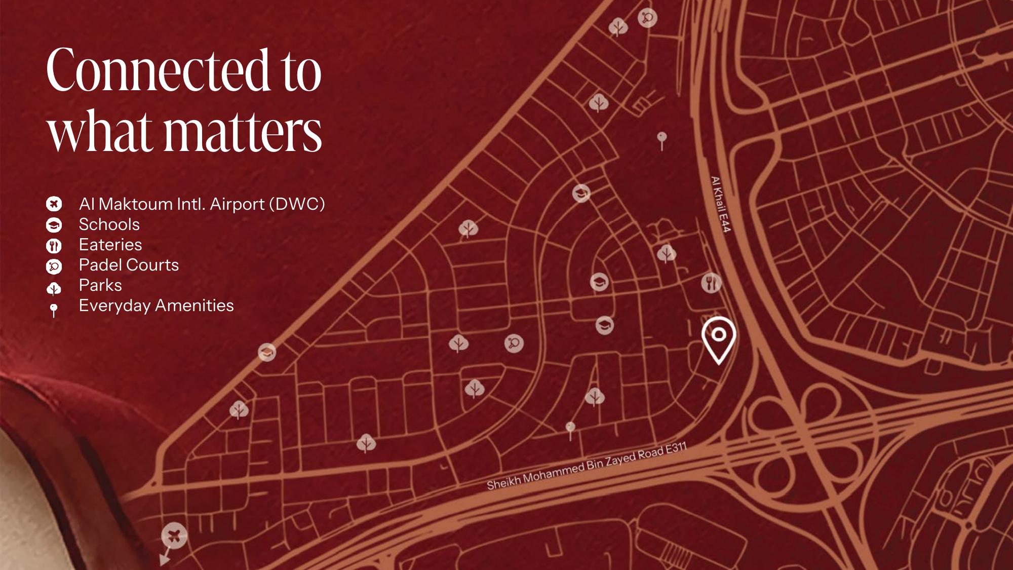 Map of Native Haus location in JVT, Dubai showing connectivity to Al Khail Road and key destinations