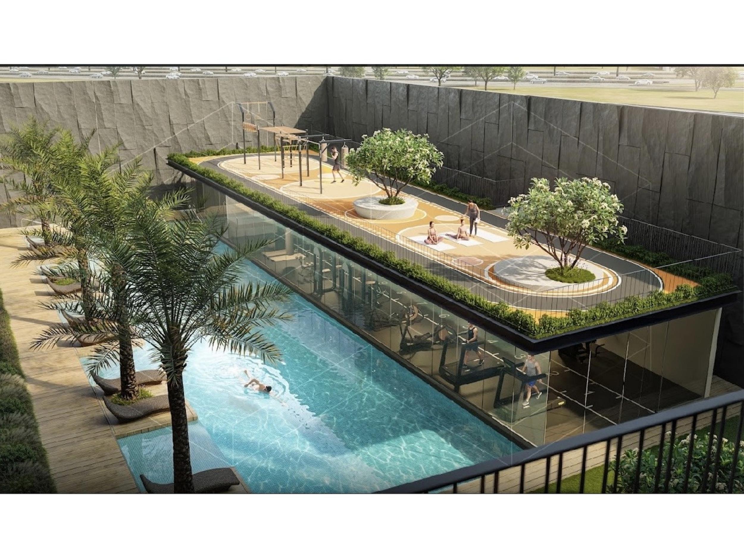 Aerial view of pool and rooftop fitness track